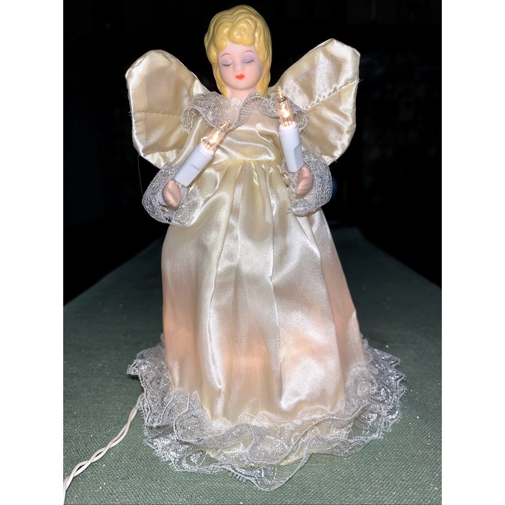 VINTAGE ANGEL TREE TOPPER /NIGHT LIGHT PORCELAIN HEAD Ivory TAFFETA VICTORIAN 9"